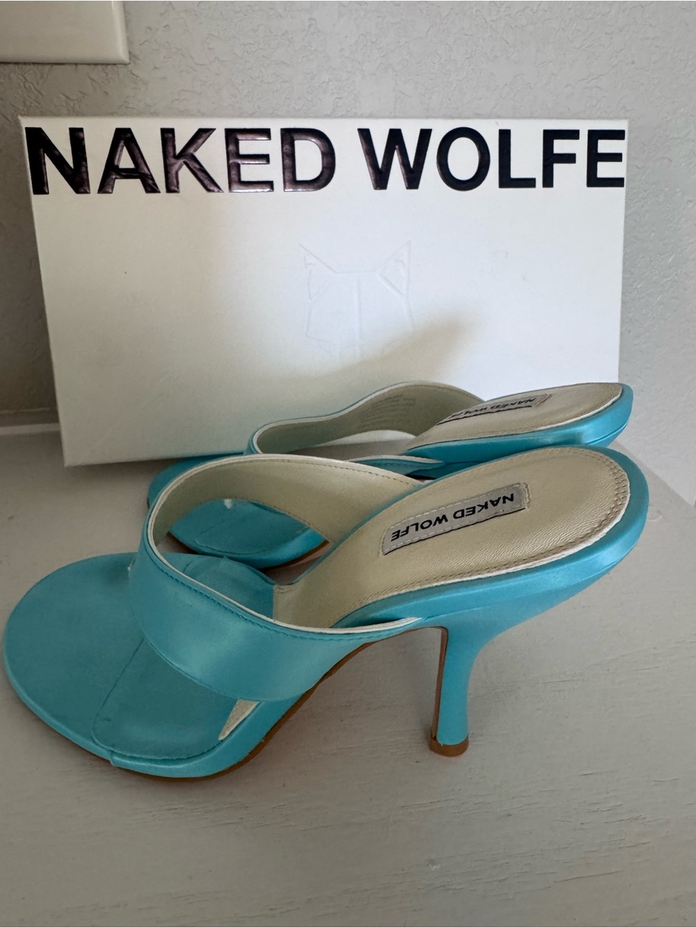 NAKED WOLFE Martine Sky Blue Satin Heel